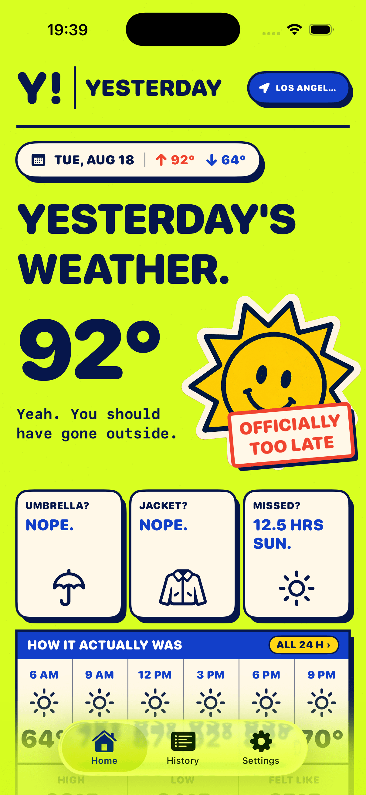 Weather From Yesterday app showing Los Angeles weather for Tuesday, August 18